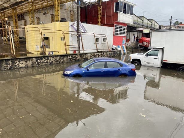 Intensa lluvia inunda zonas de Xalapa; calles, negocios y vehículos quedan bajo el agua