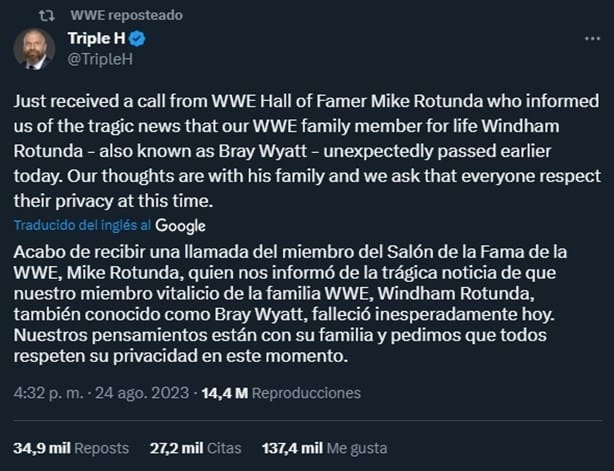 Bray Wyatt, estrella de la WWE, murió a los 36 años