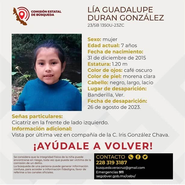 Buscan a niña de 7 años desaparecida en Banderilla