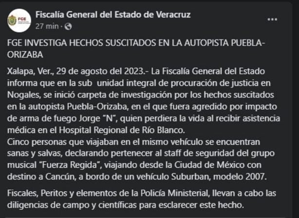 Fiscalía investiga muerte de escolta del grupo Fuerza Regida en carretera de Veracruz