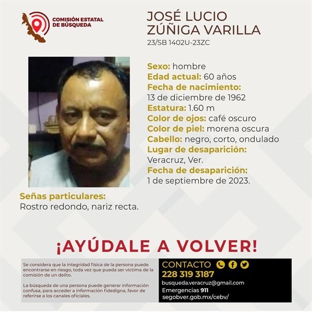 Ayúdanos encontrar a José Lucio Zúñiga, desapareció en Veracruz desde el viernes