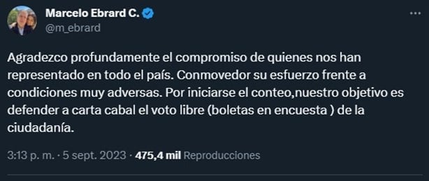 Agradece Ebrard apoyo de simpatizantes a lo largo del país