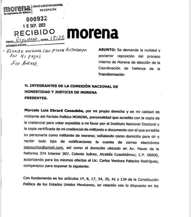 Marcelo Ebrard demanda nulidad y reposición del proceso interno de Morena