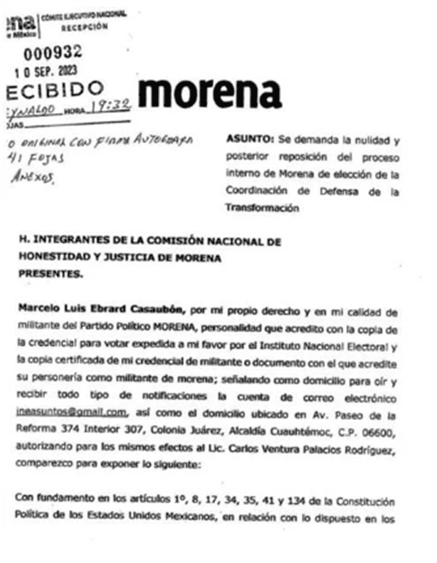 Marcelo Ebrard impugna proceso interno de Morena; demanda su reposición