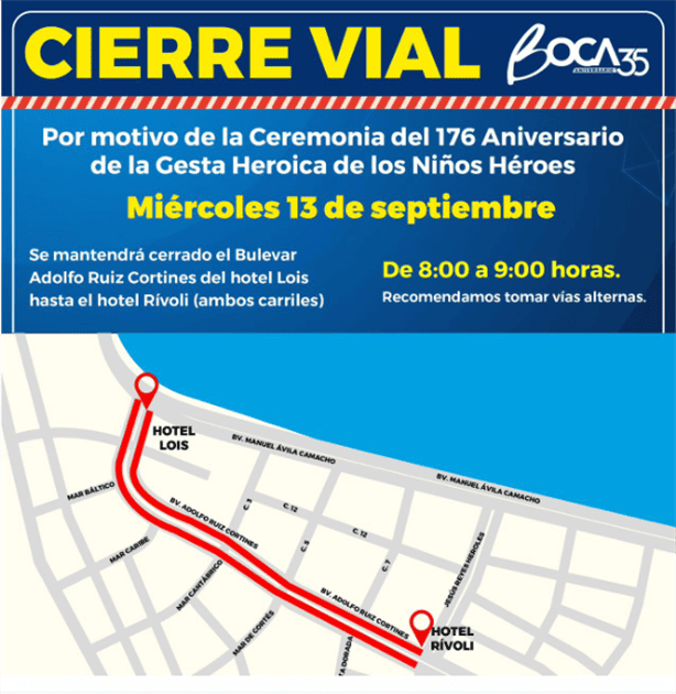 Cierre vial en Boca del Río por ceremonia de la Gesta Heroica de los Niños Héroes