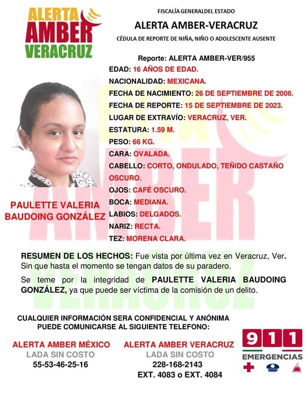 Activan Alerta Amber por desaparición de una menor de edad en la ciudad de Veracruz