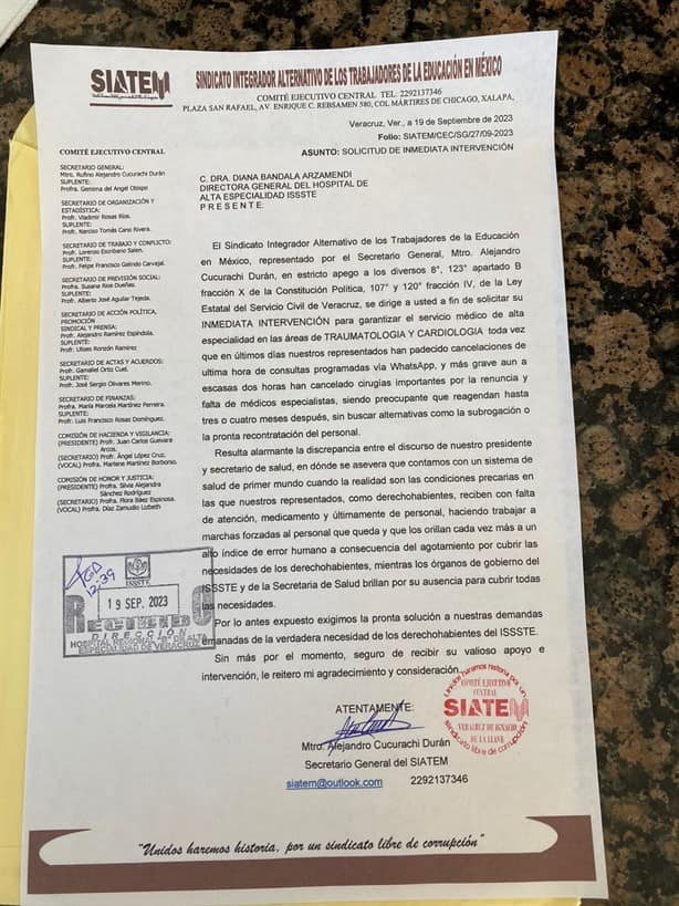Sindicato de maestros denuncian pésimo servicio médico del ISSSTE en Veracruz