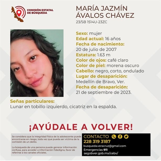 Desaparece joven de 16 años en Medellín de Bravo ¡Ayúdanos a localizarla!