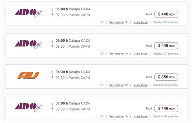 ¿Cuánto cuesta el boleto de ADO de Xalapa a Puebla?