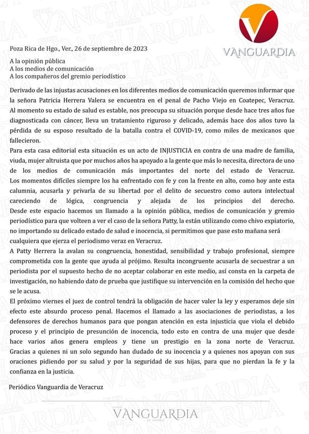 Diario Vanguardia de Veracruz niega culpabilidad de su directora en caso de secuestro