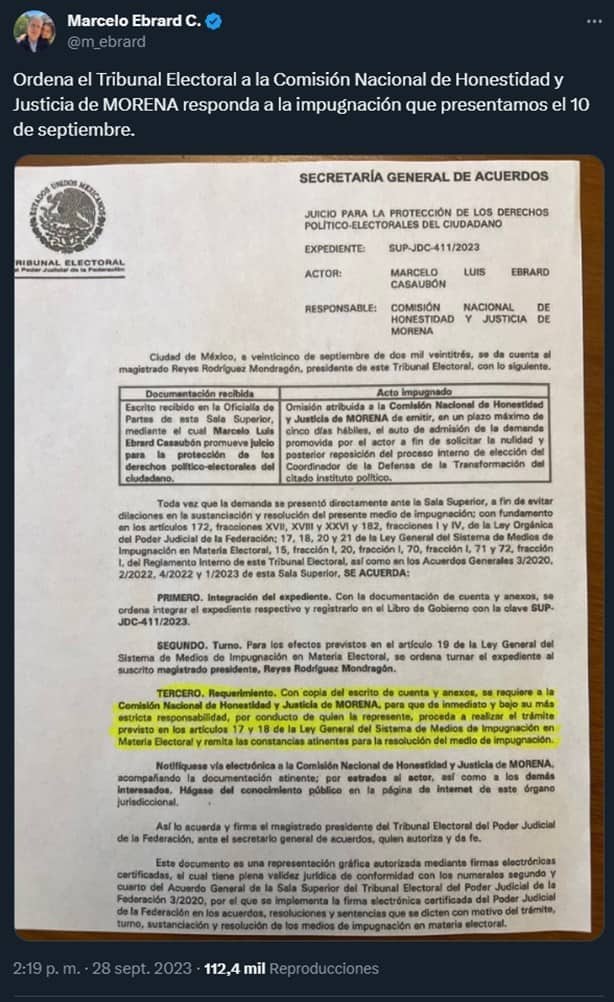 Marcelo Ebrard: Tribunal Electoral ordena a Morena responder impugnación