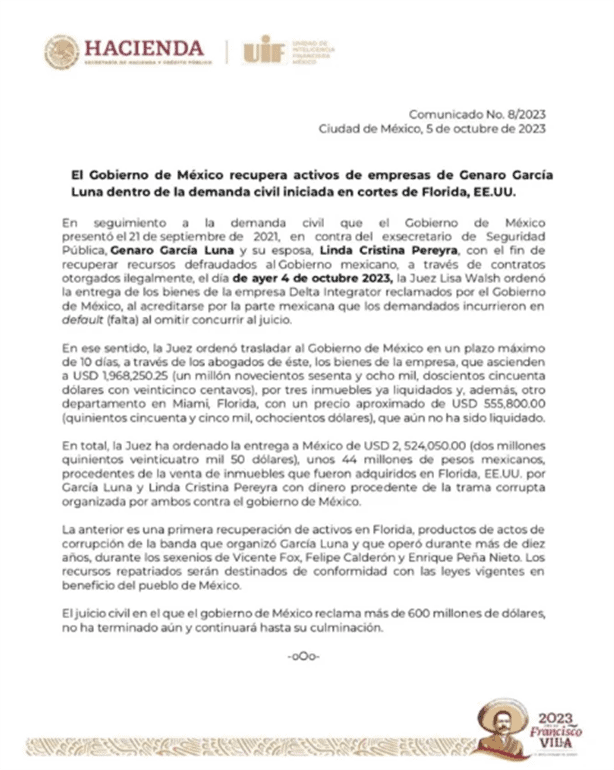 Caso García Luna: recupera México 2.5 millones de dólares de los negocios en Florida