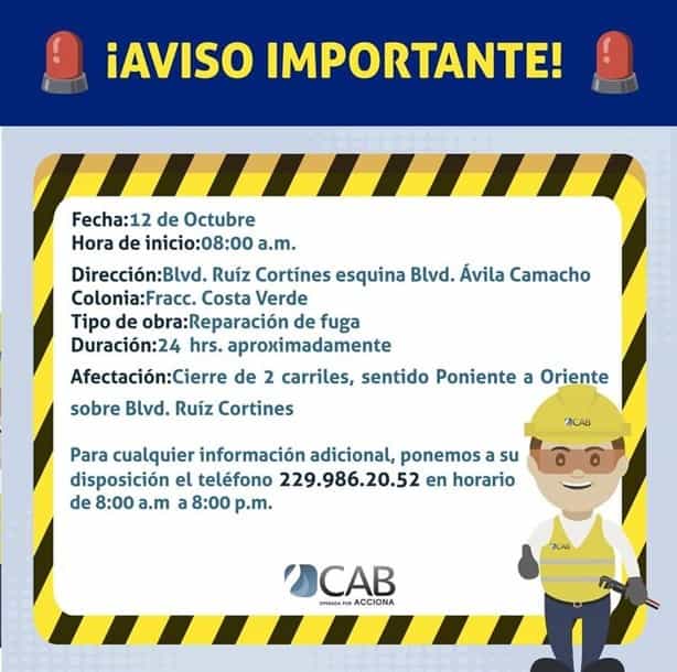 Jueves 12 de octubre: cerrarán dos carriles del bulevar Ruiz Cortines, en Boca del Río