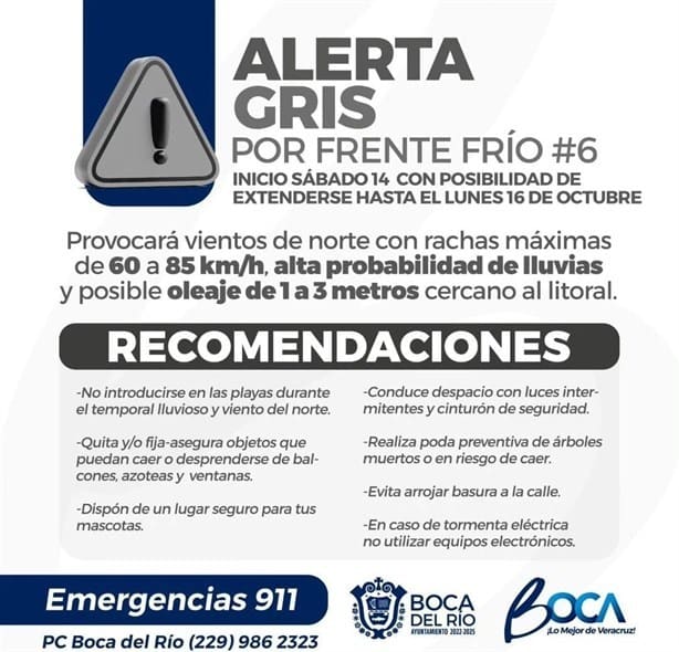 Activan Alerta Gris en Boca del Río previo a Frente Frío 6; habrá norte y lluvias