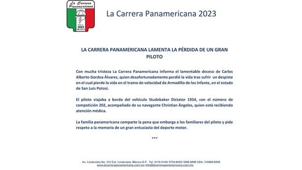 Muere piloto Carlos Gordoa en la Carrera Panamericana 2023