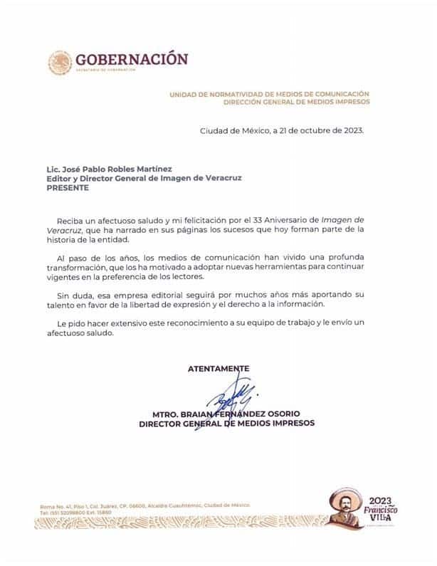 Segob federal felicita a José Pablo Robles por aniversario de Imagen de Veracruz