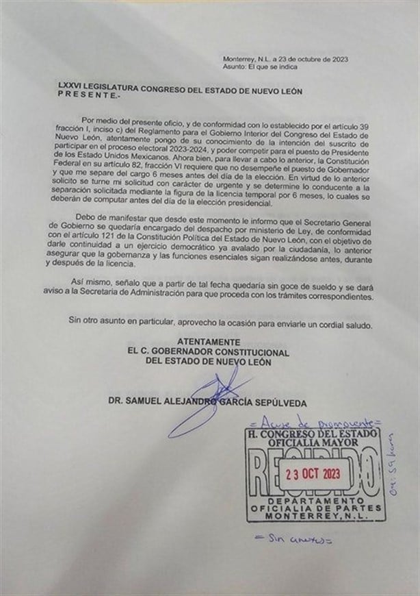Samuel García pide licencia como gobernador de Nuevo León; va por la presidencia en 2024