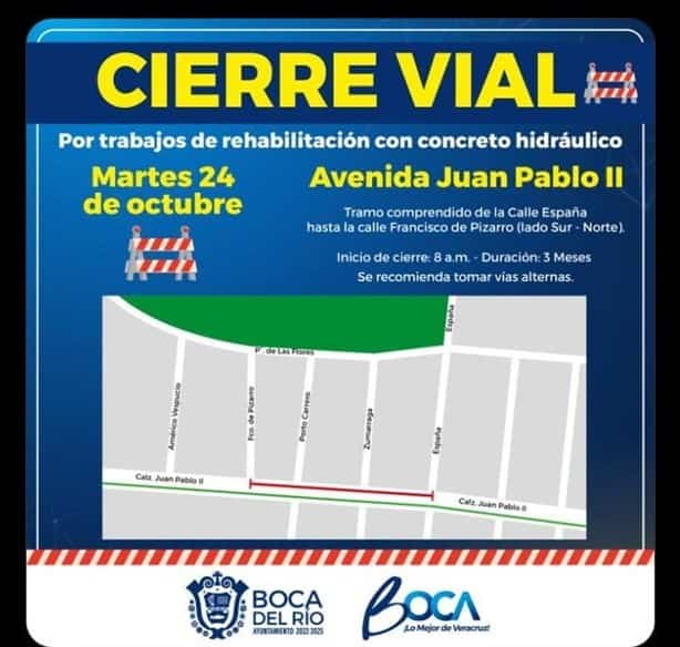 Anuncian cierre vial en avenida de Boca del Río por 3 meses