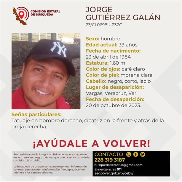 Desaparece Jorge Gutiérrez en la localidad de Vargas, en Veracruz