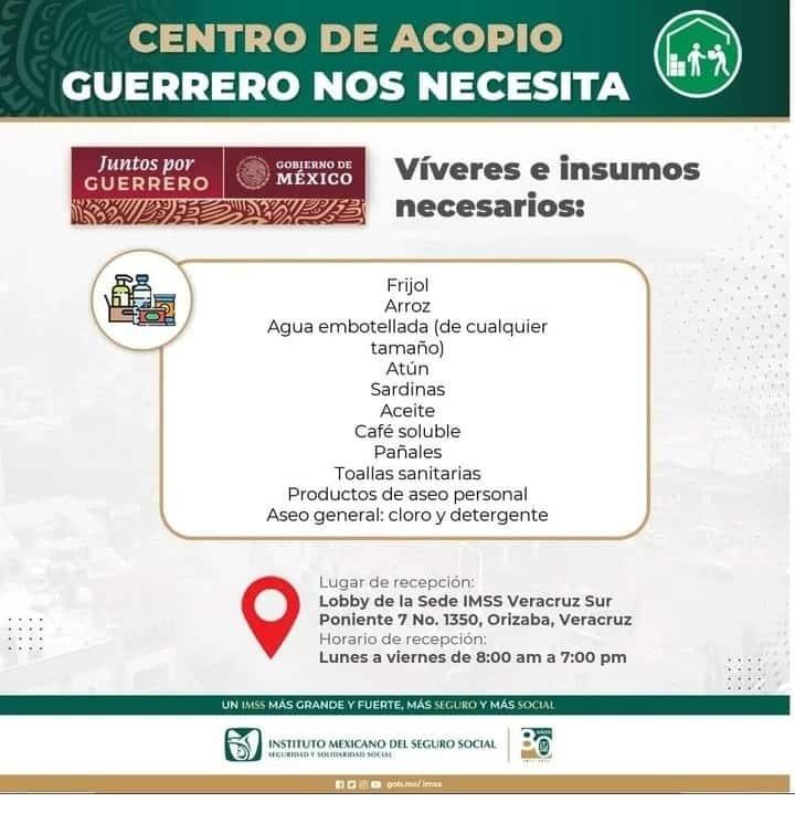Cáritas e IMSS instalan centro de acopio en Orizaba para damnificados de Guerrero