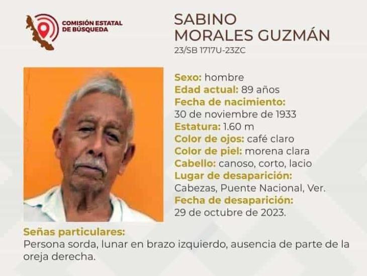 Buscan a Don Sabino de 89 años, desapareció en un poblado de Puente Nacional, Veracruz