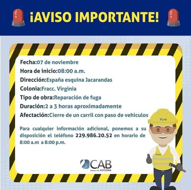 Habrá cierre vial en Boca del Río este martes 7 de noviembre por trabajos de CAB