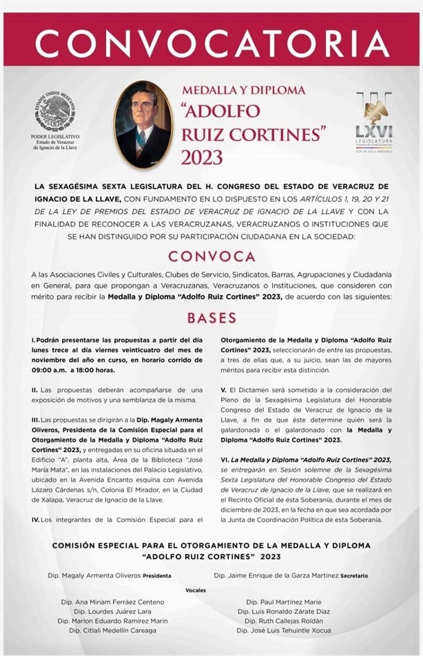 Emite Congreso de Veracruz convocatoria para la medalla y diploma Adolfo Ruiz Cortines 2023