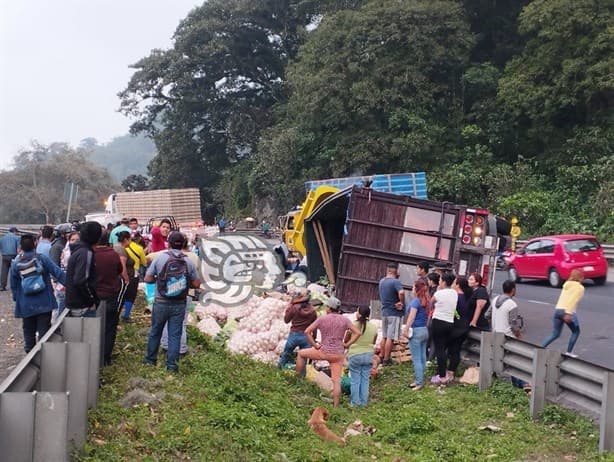 Vuelca camión cargado de frutas y verduras en la Puebla-Orizaba; se desata rapiña (+Video)