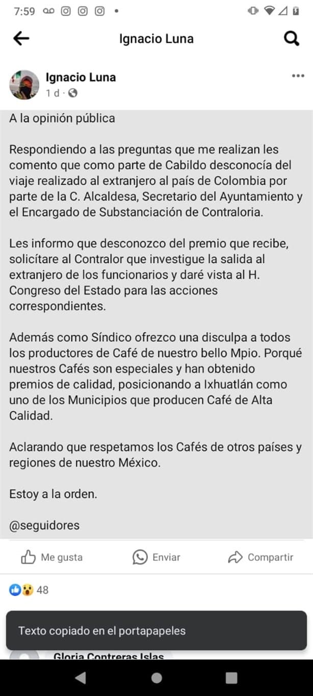 Alcaldesa de Ixhuatlán del Café viola la ley tras viajar a Colombia sin permiso