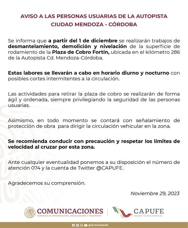 Caseta de Fortín tiene las horas contadas; Capufe confirma fecha de demolición