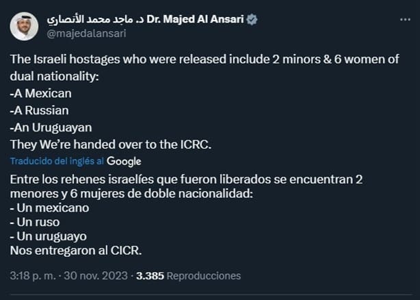 Liberan a mexicana retenida por Hamas en Medio Oriente