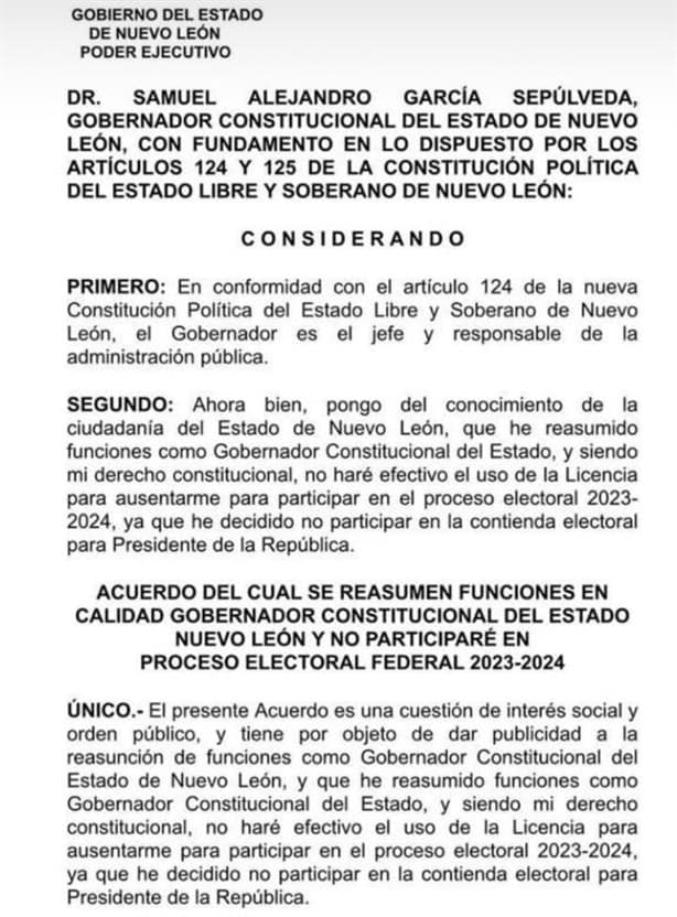 Renuncia Samuel García a proceso electoral 2024, adiós al sueño presidencial