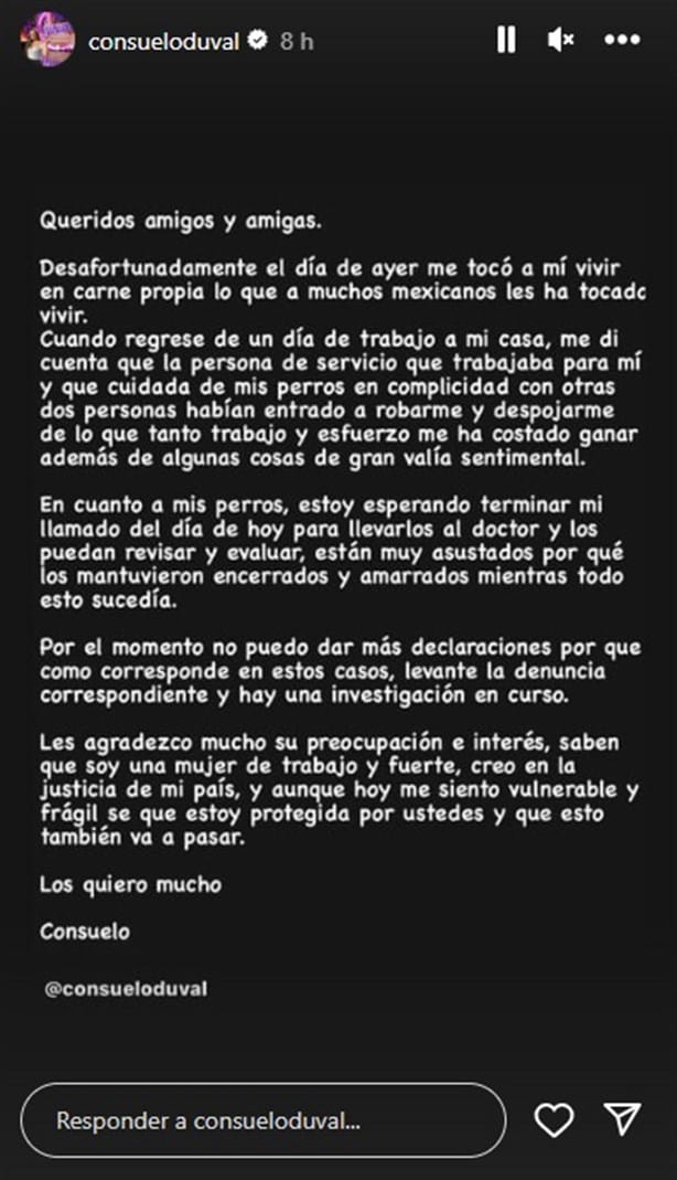 Consuelo Duval rompe el silencio tras robo en su domicilio; ¿no fue ‘la patrona’?