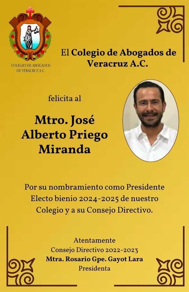 Designan a José Alberto Priego como nuevo presidente del Colegio de Abogados en Veracruz