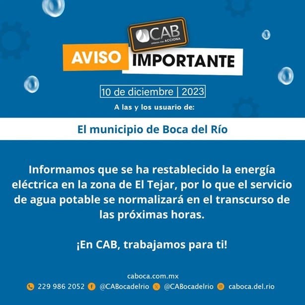 Restablecen servicio de luz en planta potabilizadora de Boca del Río afectada por norte