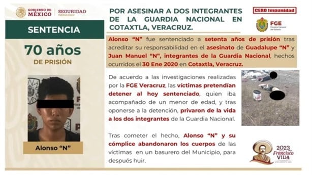 Dictan 70 años de prisión a homicida de dos elementos de la Guardia Nacional en Veracruz
