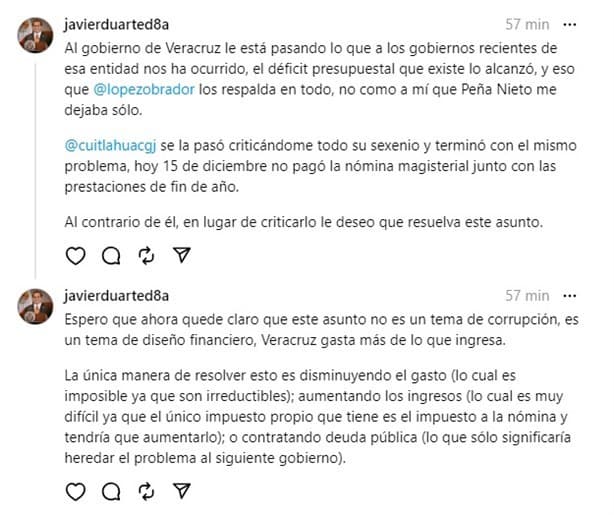 Javier Duarte: Cuitláhuac terminó igual que yo, sin pagar a los maestros