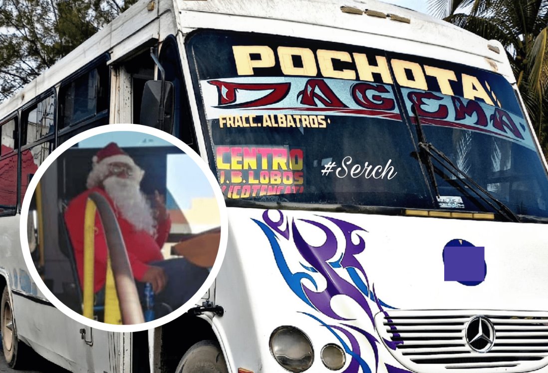 Conductor de camión urbano en Veracruz se viste de Santa Claus; da dulces y regalos a niños