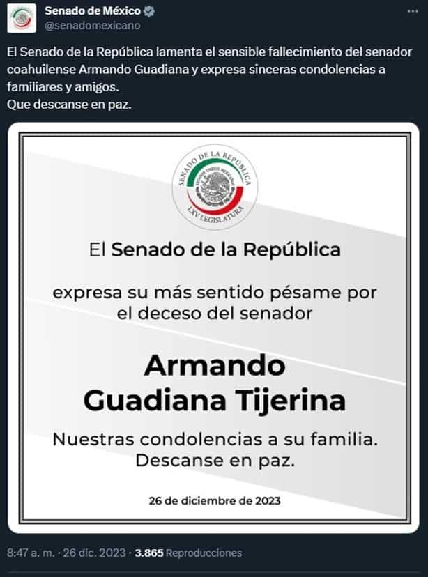 Armando Guadiana, senador de Morena, muere a los 77 años