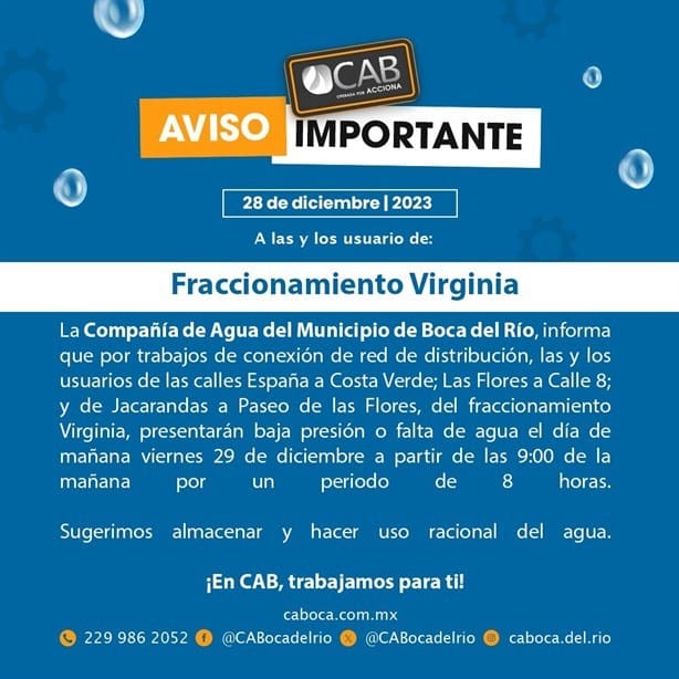 Este fraccionamiento en Boca del Río no tendrá agua potable este viernes por 8 horas