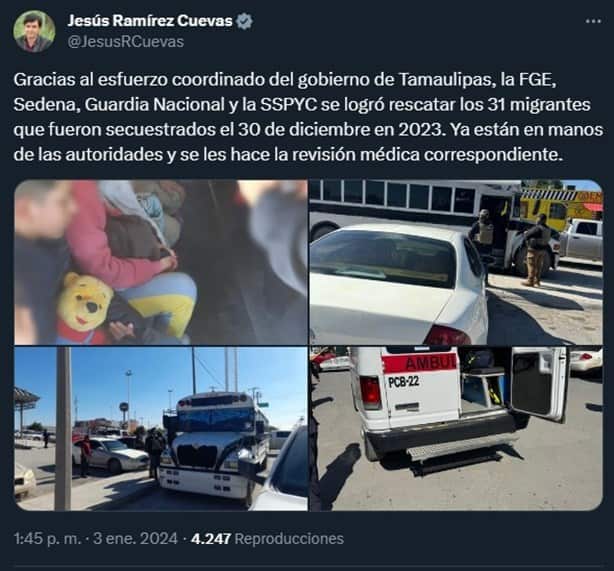 Localizan a 31 migrantes secuestrados en Tamaulipas