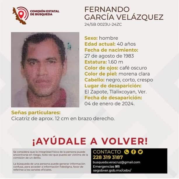 Buscan a Fernando García, lleva 2 días desaparecido en Tlalixcoyan, Veracruz