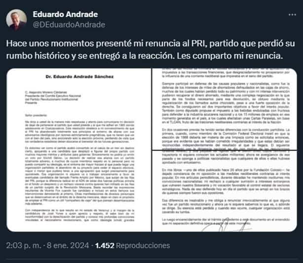 Eduardo Andrade renuncia al PRI; ‘existe desprecio visceral entre priistas y panistas’