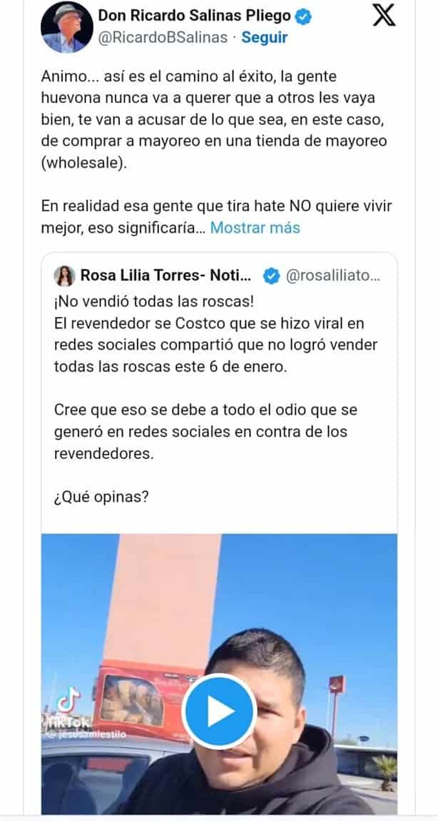 ¿Qué mensaje le envió Ricardo Salinas Pliego al revendedor de roscas de Costco?