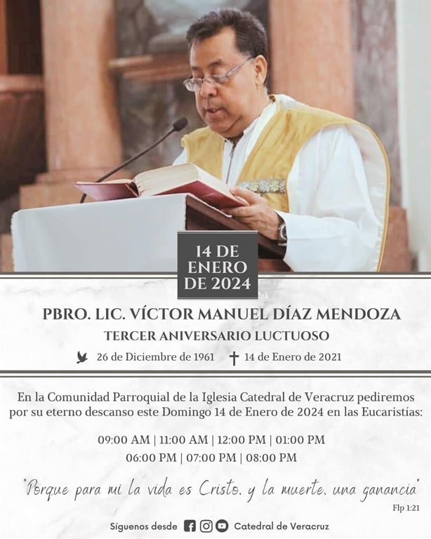 Con misas, recordarán al padre Víctor Manuel Díaz en la Catedral de Veracruz