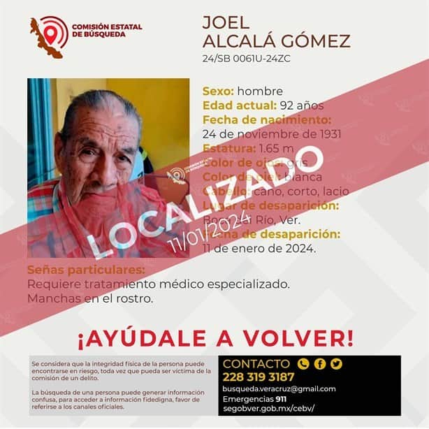 Localizan a Joel, adulto mayor desaparecido en Boca del Río