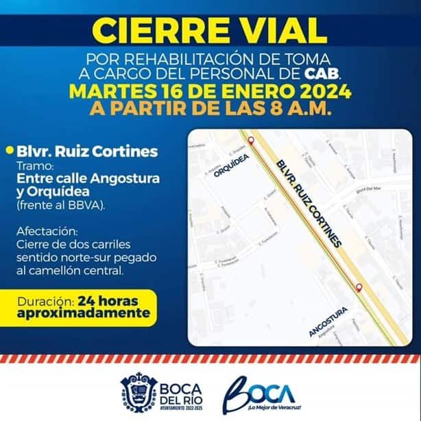 Cerrarán carriles del bulevar Ruiz Cortines en Boca del Río por 24 horas