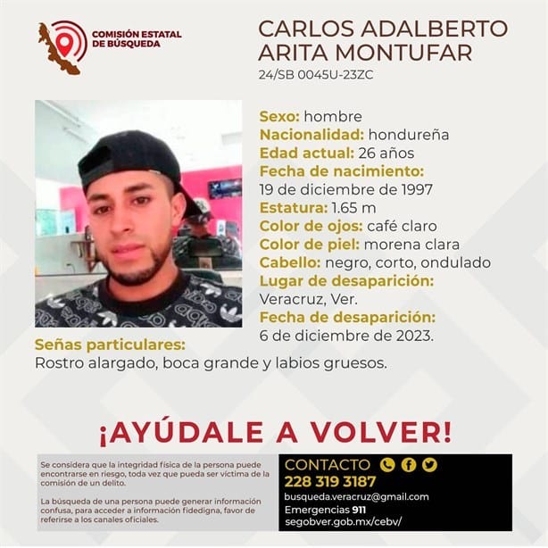 Buscan a Carlos Adalberto originario de Honduras, desapareció en Veracruz