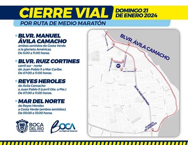 Habrá cierres viales en Boca del Río este sábado y domingo