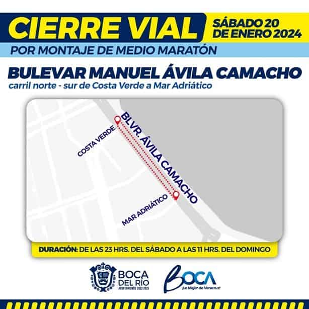 Habrá cierres viales en Boca del Río este sábado y domingo